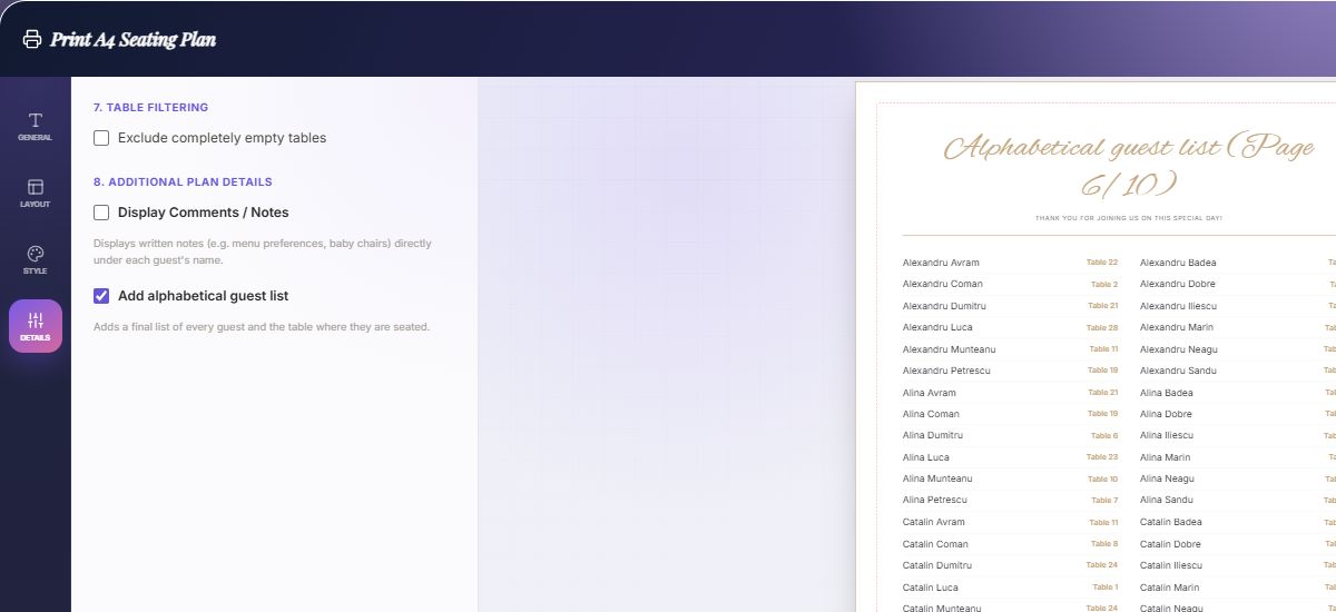 DecoSublim A4 alphabetical guest directory showing guest names and assigned tables