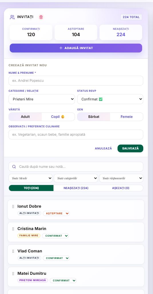Formularul DecoSublim pentru adăugarea unui invitat cu RSVP, categorie, vârstă, gen și observații