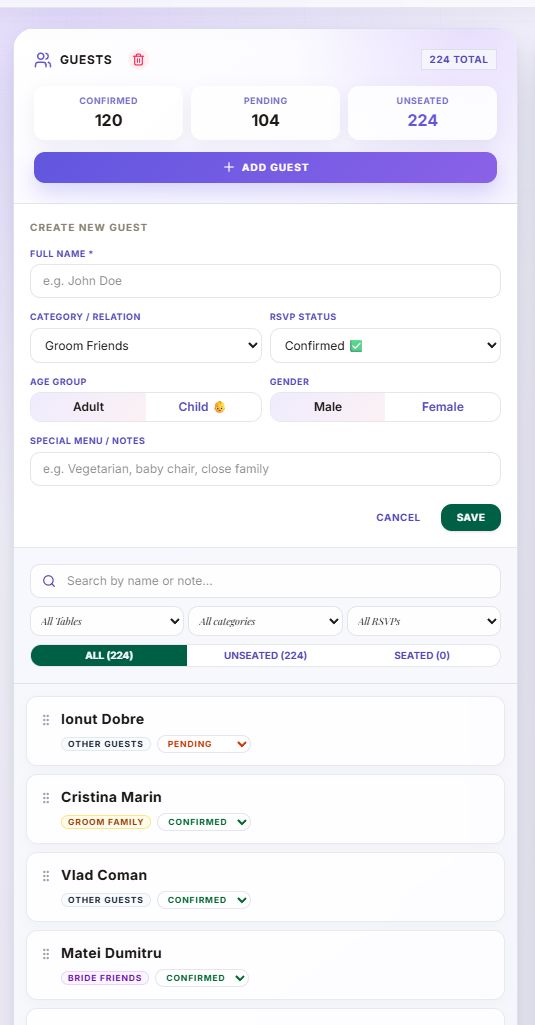 DecoSublim guest form with RSVP, group, age, gender, and notes fields