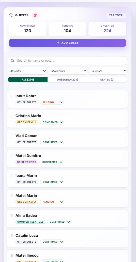 DecoSublim Demo guest list with RSVP statistics and response statuses