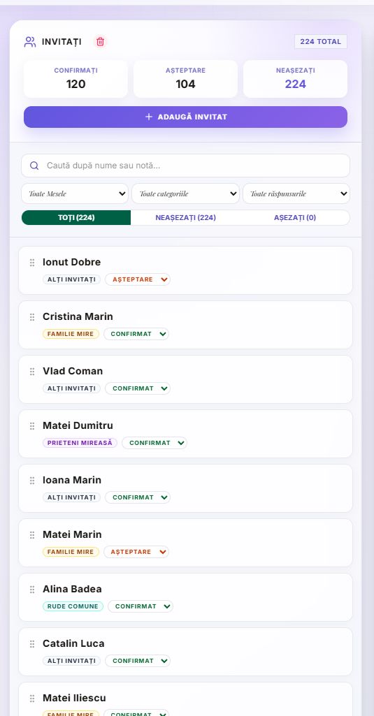 Lista invitaților Demo din DecoSublim cu statistici și statusuri RSVP