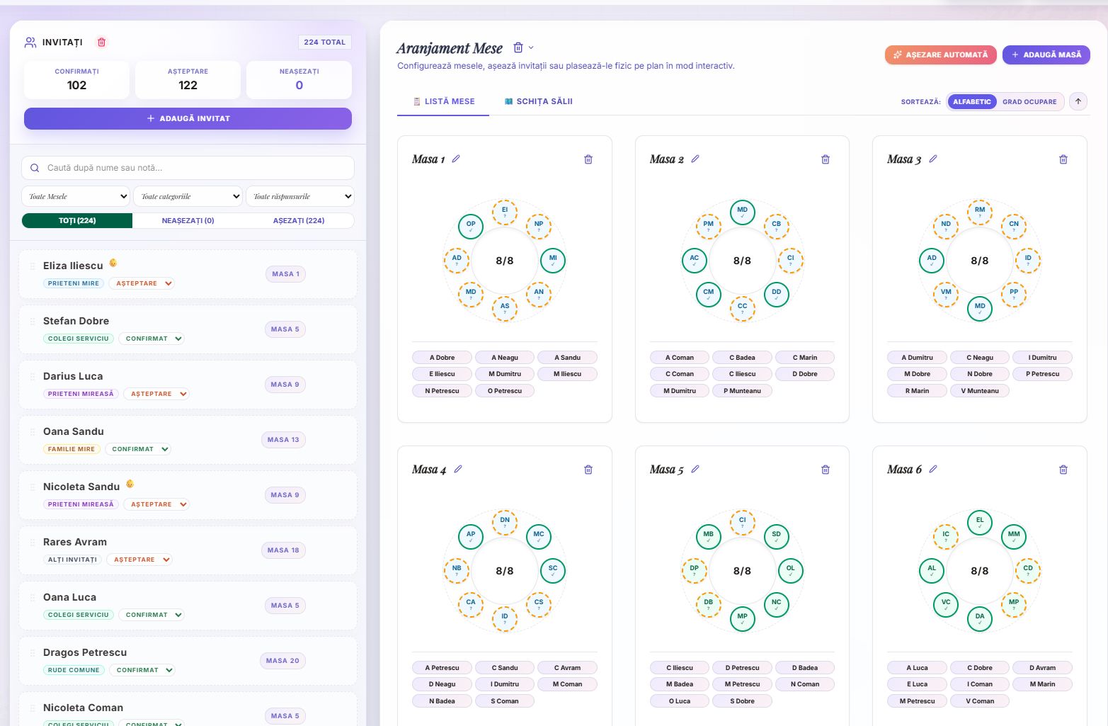 DecoSublim table list with Demo guests assigned to seats