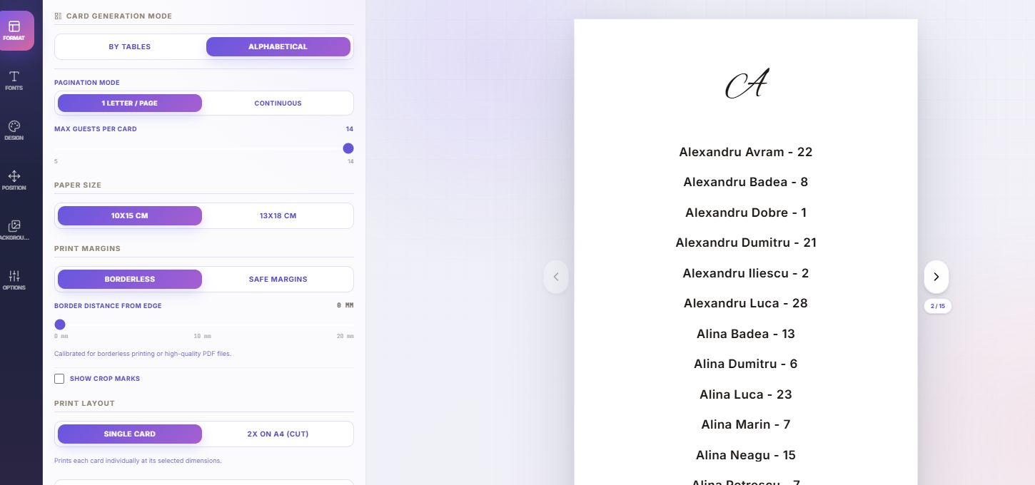 An alphabetical DecoSublim card for letter A with guest names and table numbers