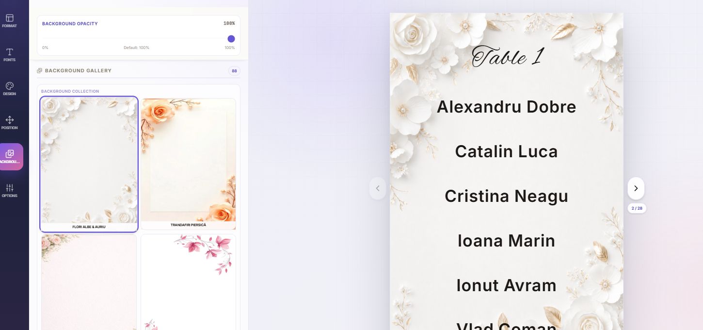DecoSublim background gallery beside a table card with an inset floral frame