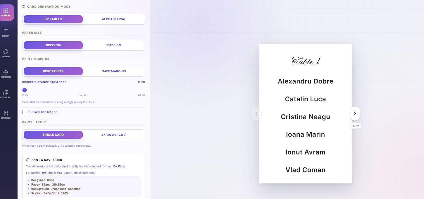 DecoSublim Cards editor in By Tables mode with Table 1 and its seated guests