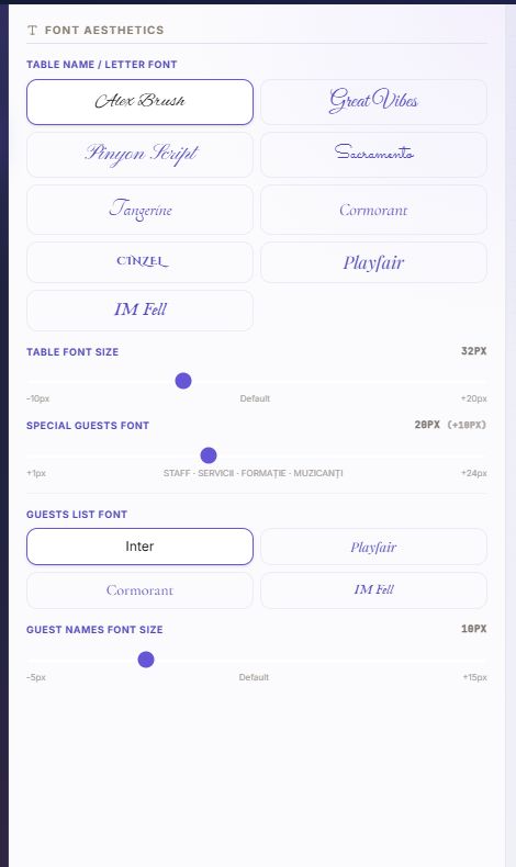 DecoSublim font and size controls for the title, guest list, and special guests