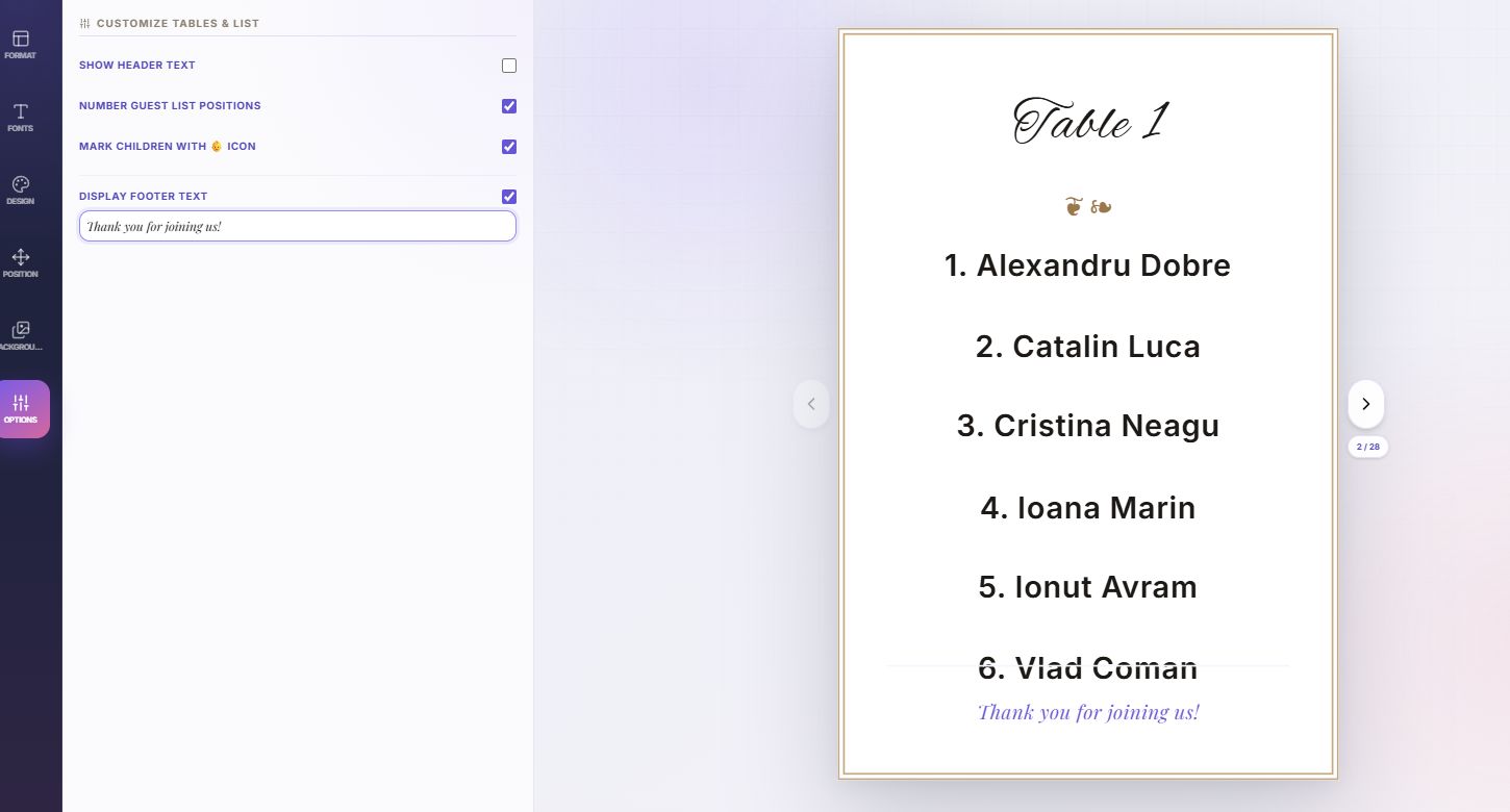 A DecoSublim card example with separator, border, guest numbering, and footer text enabled