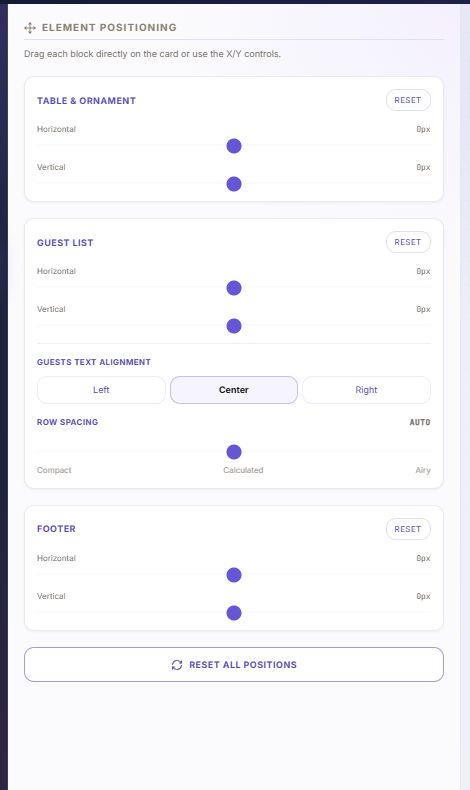 DecoSublim controls for moving the table heading and guest list and applying compact row spacing